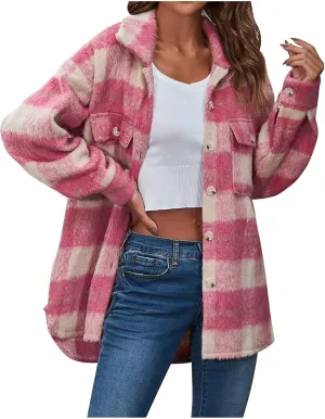 tuduoms Women's Fuzzy Wool Blend Long Jacket Plaid Shacket Brushed Flannel Shirt Jacket Vintage Long Wool Blend Tartan Coat