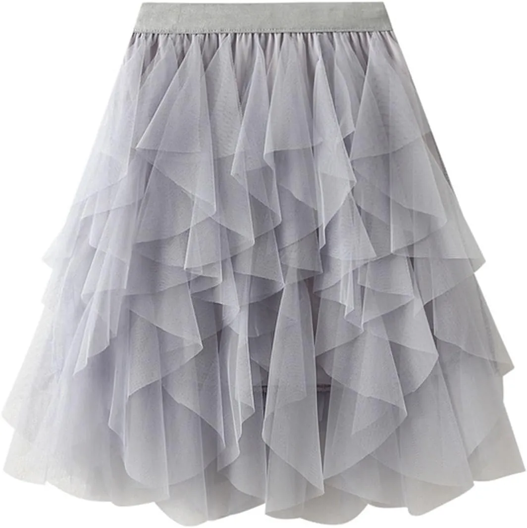 Tulle Skirts for Women A Line Dance Skirts Elastic Waist Flowy Skirts Layered Mesh Skirts Minin Irregular Tutu Skirts