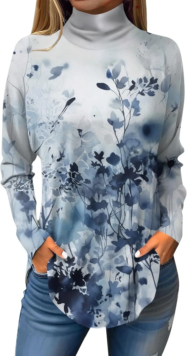 Turtle Necks Tops for Women Long Sleeve Shirts Mock Turtleneck Dressy Blouses Drop Shoulder Long Tunic Top