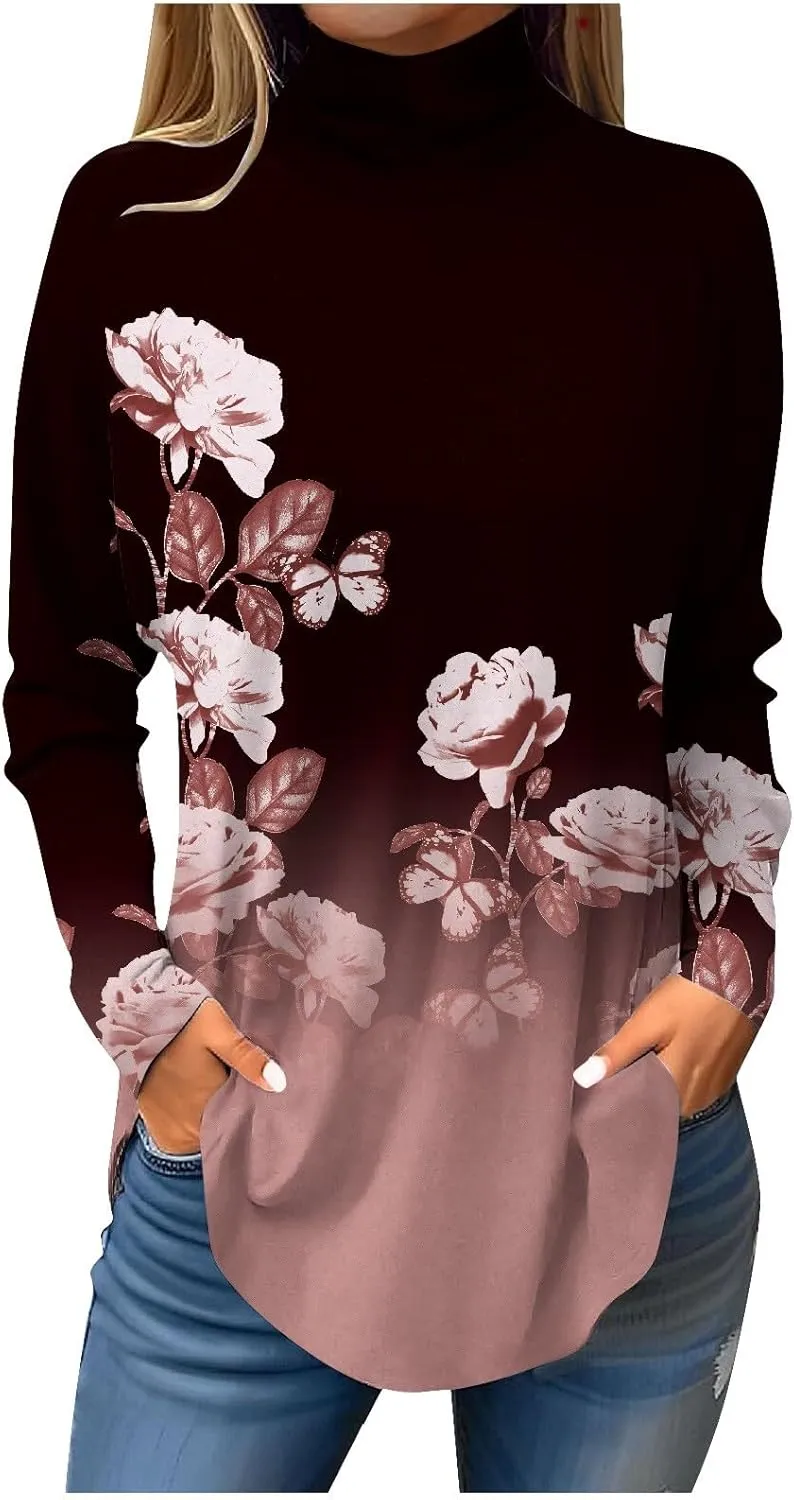 Turtle Necks Tops for Women Long Sleeve Shirts Mock Turtleneck Dressy Blouses Drop Shoulder Long Tunic Top