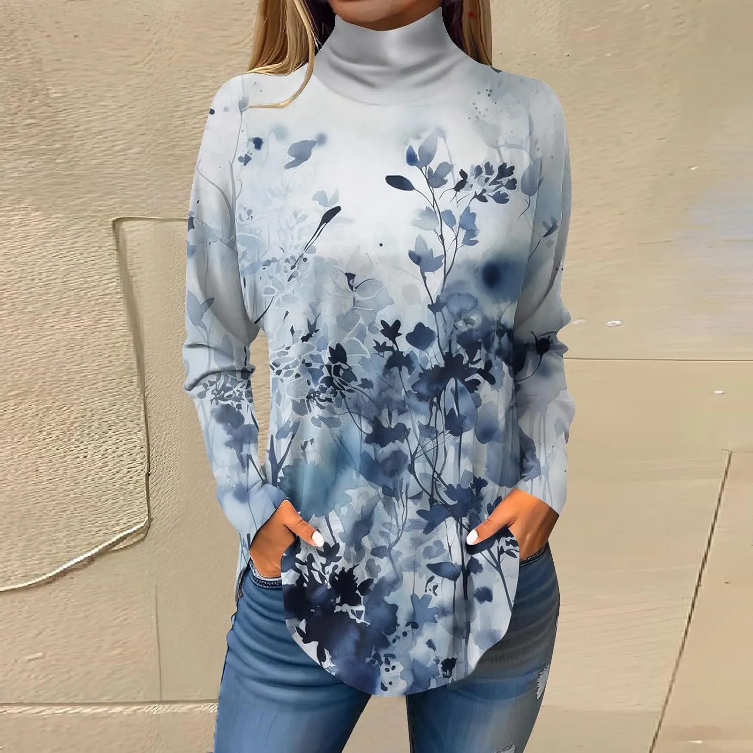 Turtle Necks Tops for Women Long Sleeve Shirts Mock Turtleneck Dressy Blouses Drop Shoulder Long Tunic Top