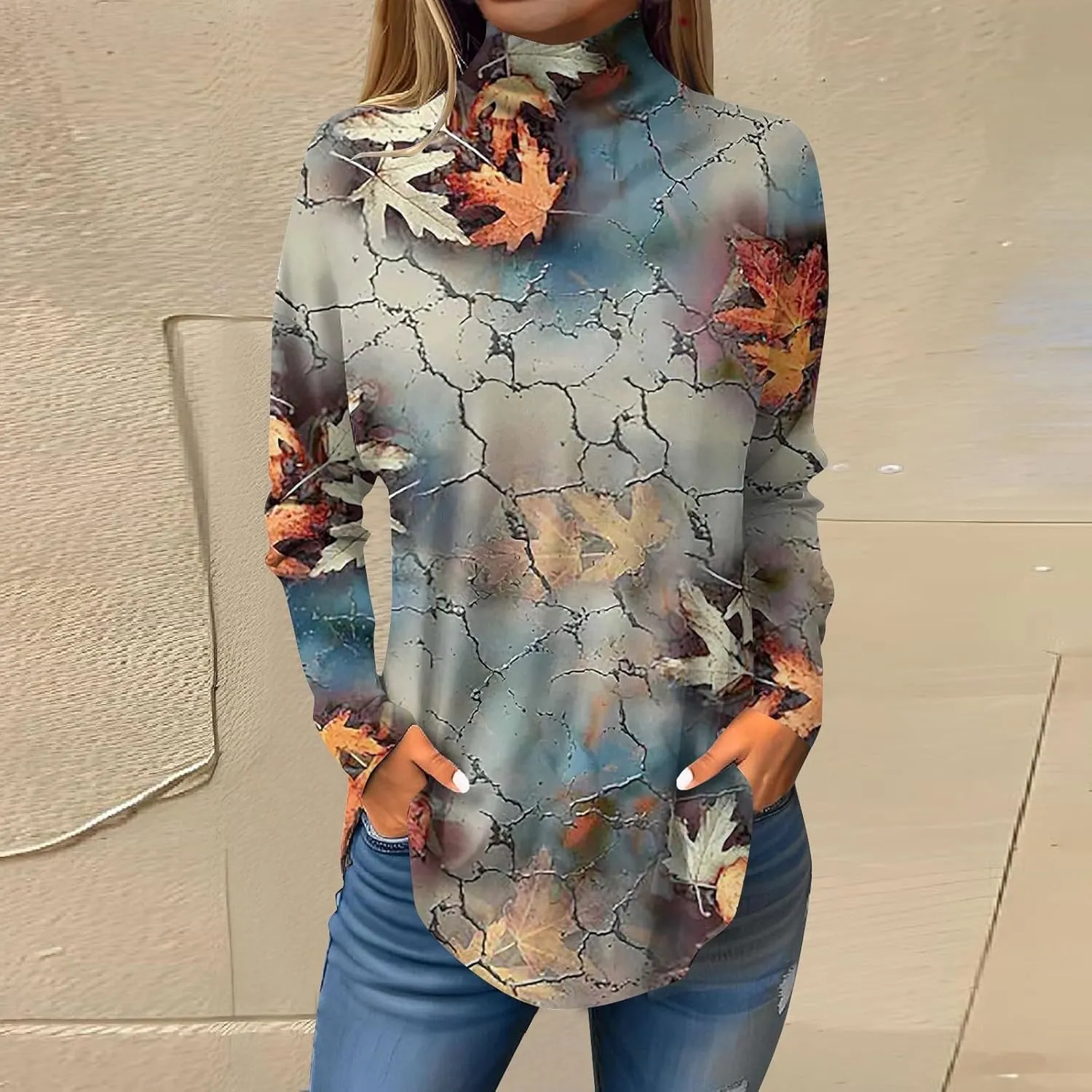 Turtle Necks Tops for Women Long Sleeve Shirts Mock Turtleneck Dressy Blouses Drop Shoulder Long Tunic Top
