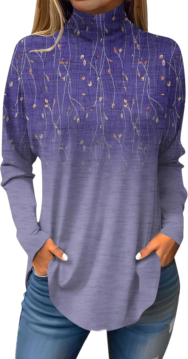Turtle Necks Tops for Women Long Sleeve Shirts Mock Turtleneck Dressy Blouses Drop Shoulder Long Tunic Top
