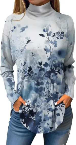 Turtle Necks Tops for Women Long Sleeve Shirts Mock Turtleneck Dressy Blouses Drop Shoulder Long Tunic Top