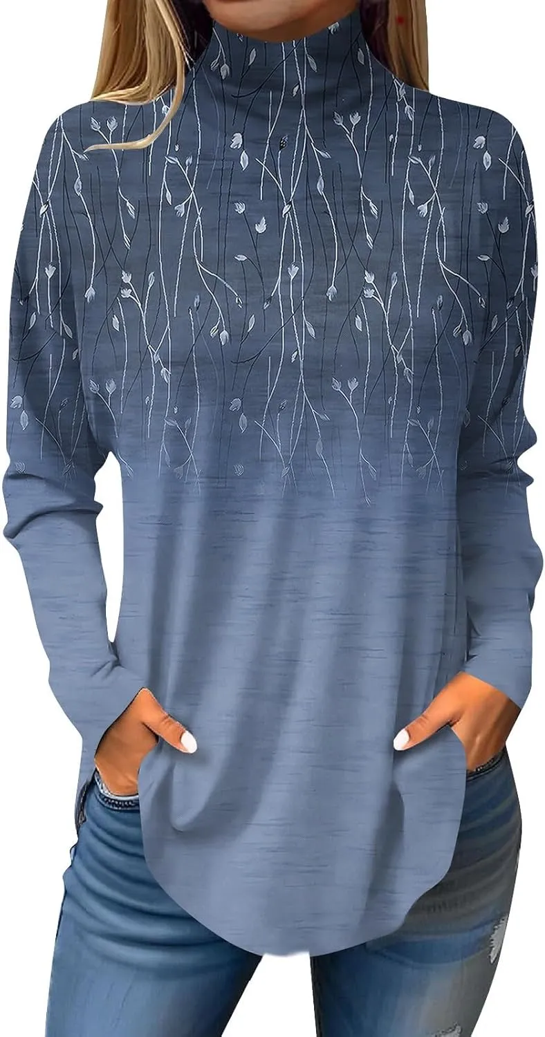 Turtle Necks Tops for Women Long Sleeve Shirts Mock Turtleneck Dressy Blouses Drop Shoulder Long Tunic Top
