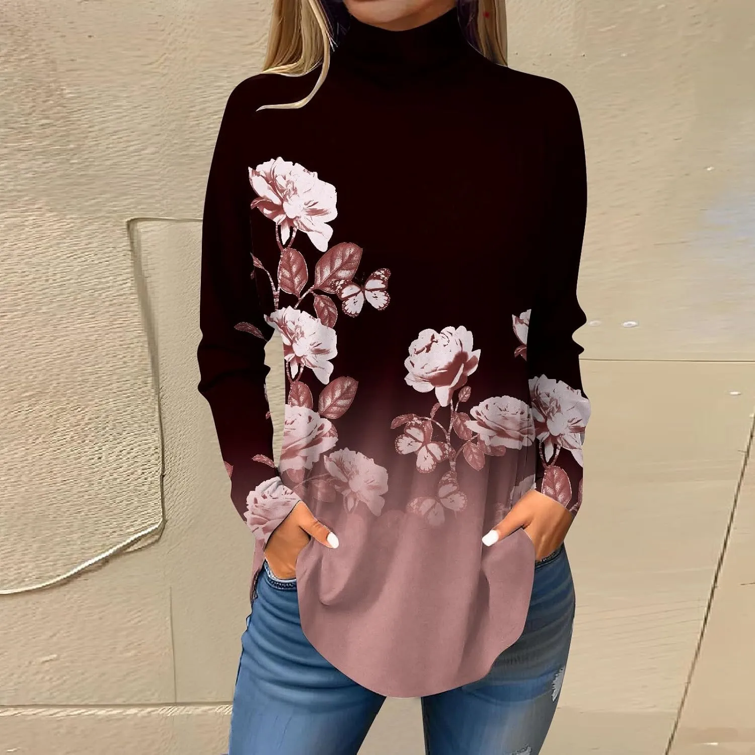 Turtle Necks Tops for Women Long Sleeve Shirts Mock Turtleneck Dressy Blouses Drop Shoulder Long Tunic Top