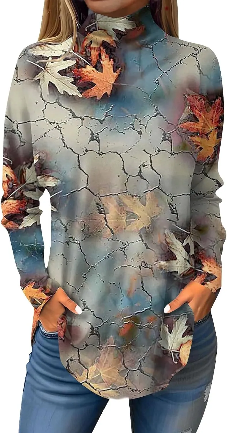 Turtle Necks Tops for Women Long Sleeve Shirts Mock Turtleneck Dressy Blouses Drop Shoulder Long Tunic Top