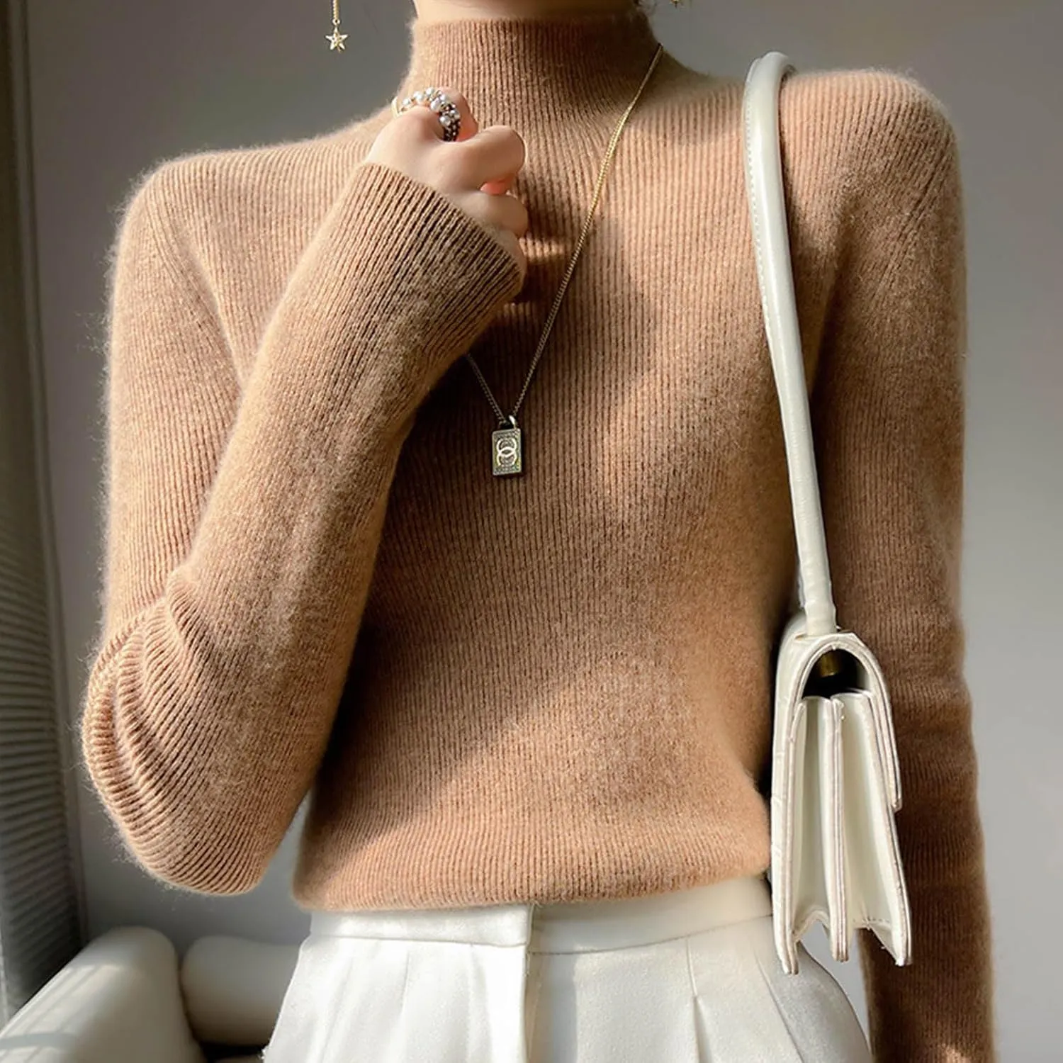 Turtleneck Sweaters for Women 2024 Solid Casual Sweater Long Sleeve Dressy Tops Slim Fitting Sweaters Blouse