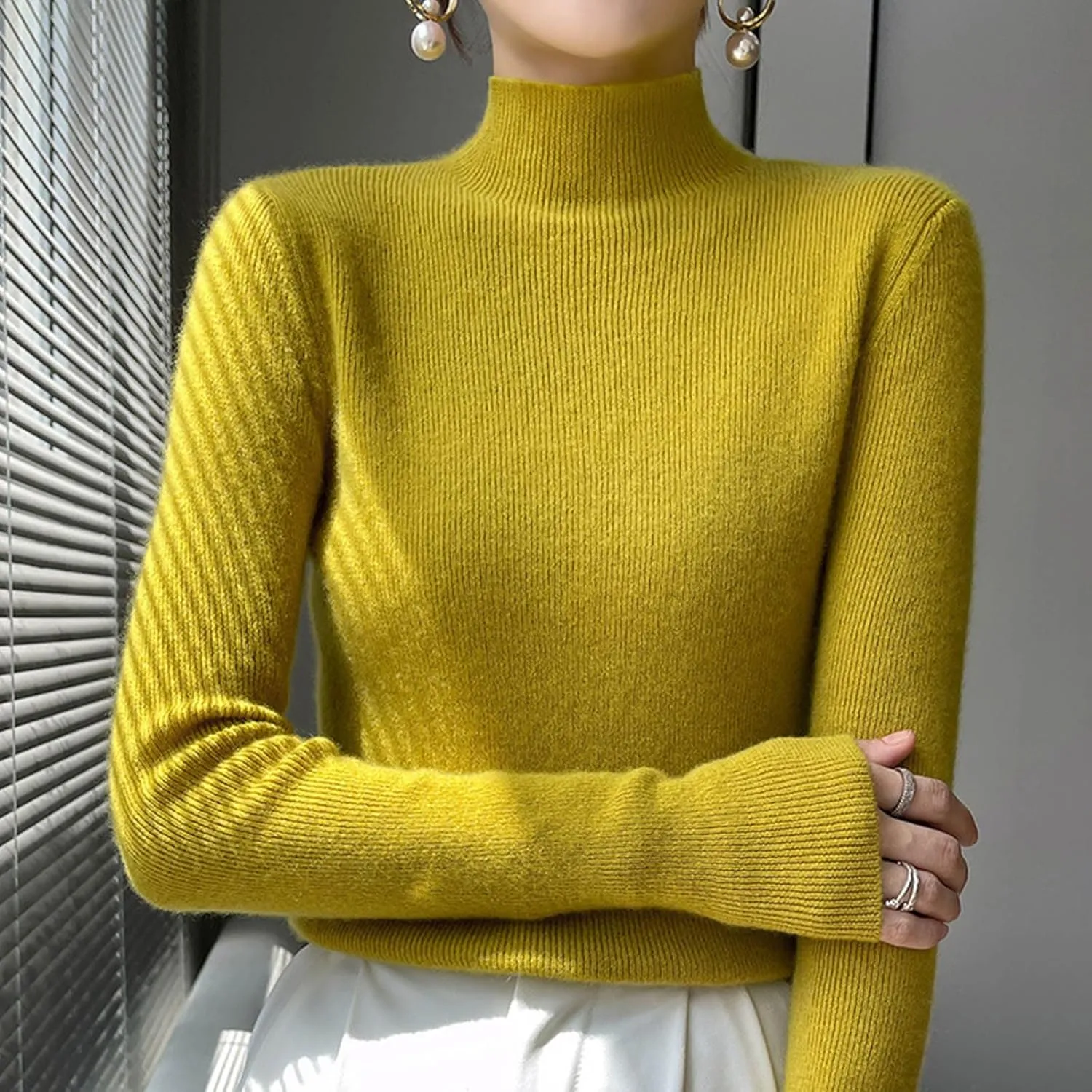 Turtleneck Sweaters for Women 2024 Solid Casual Sweater Long Sleeve Dressy Tops Slim Fitting Sweaters Blouse