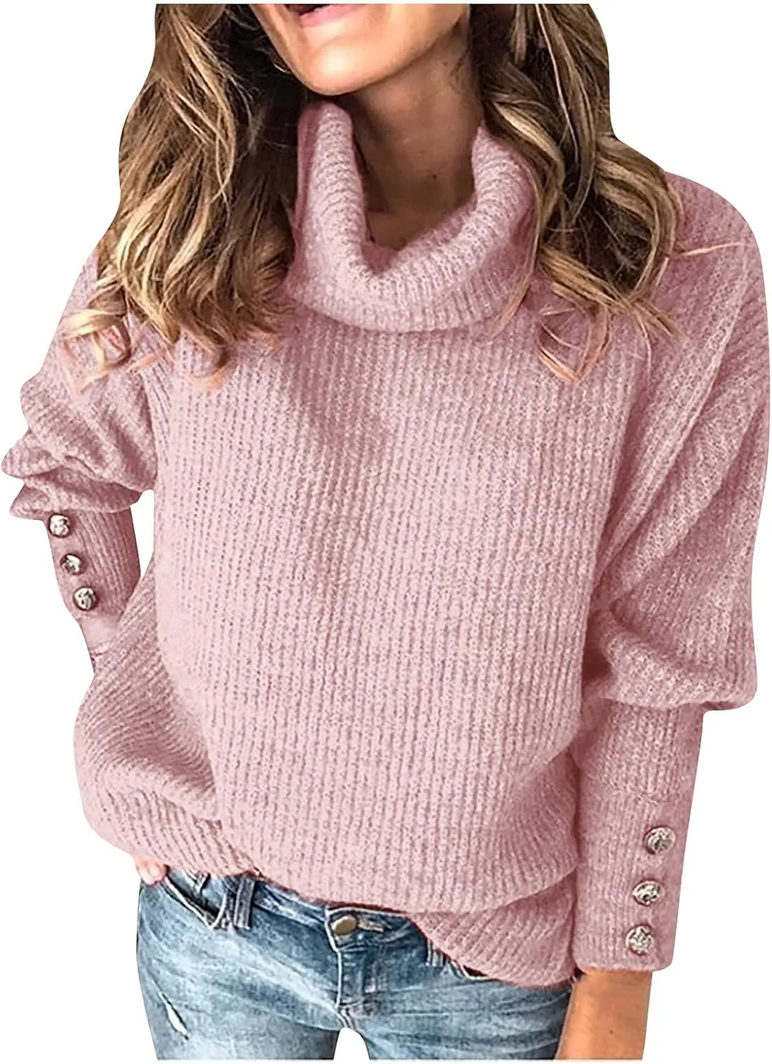 Turtleneck Sweaters for Women Solid Color Sweater Casual Trendy Sweater Loose Fitting Sweaters Trendy Tops for 2024
