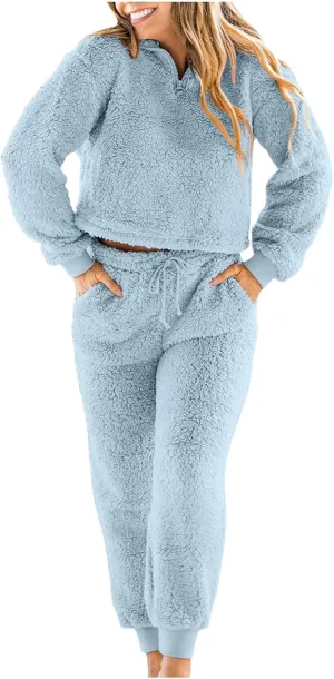Two Piece Outfits for Women Fuzzy Sweatsuit Fall Winter Solid Sweater Sweatshirt and Casual Pants Lounge Sets Tracksuit