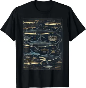 Types of Sharks Vintage Chart Entomology Graphic Tees T-Shirt