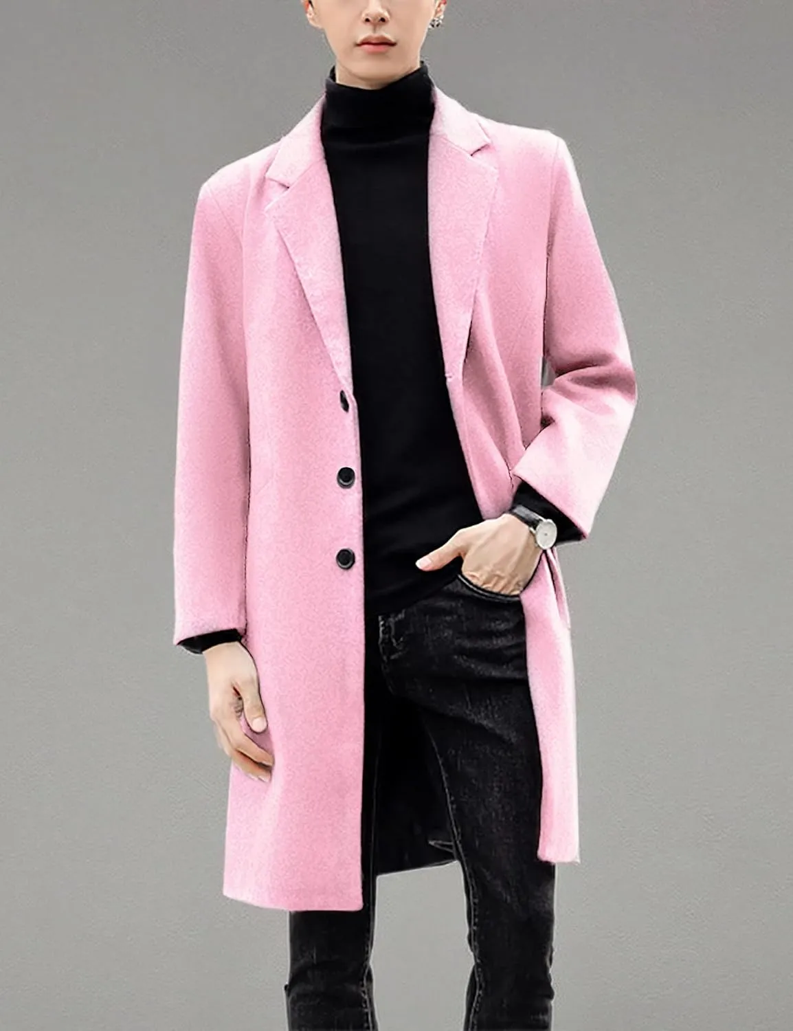 UANEO Mens Wool Blend Trench Coat Notch Lapel Camel Peacoats Winter Overcoat