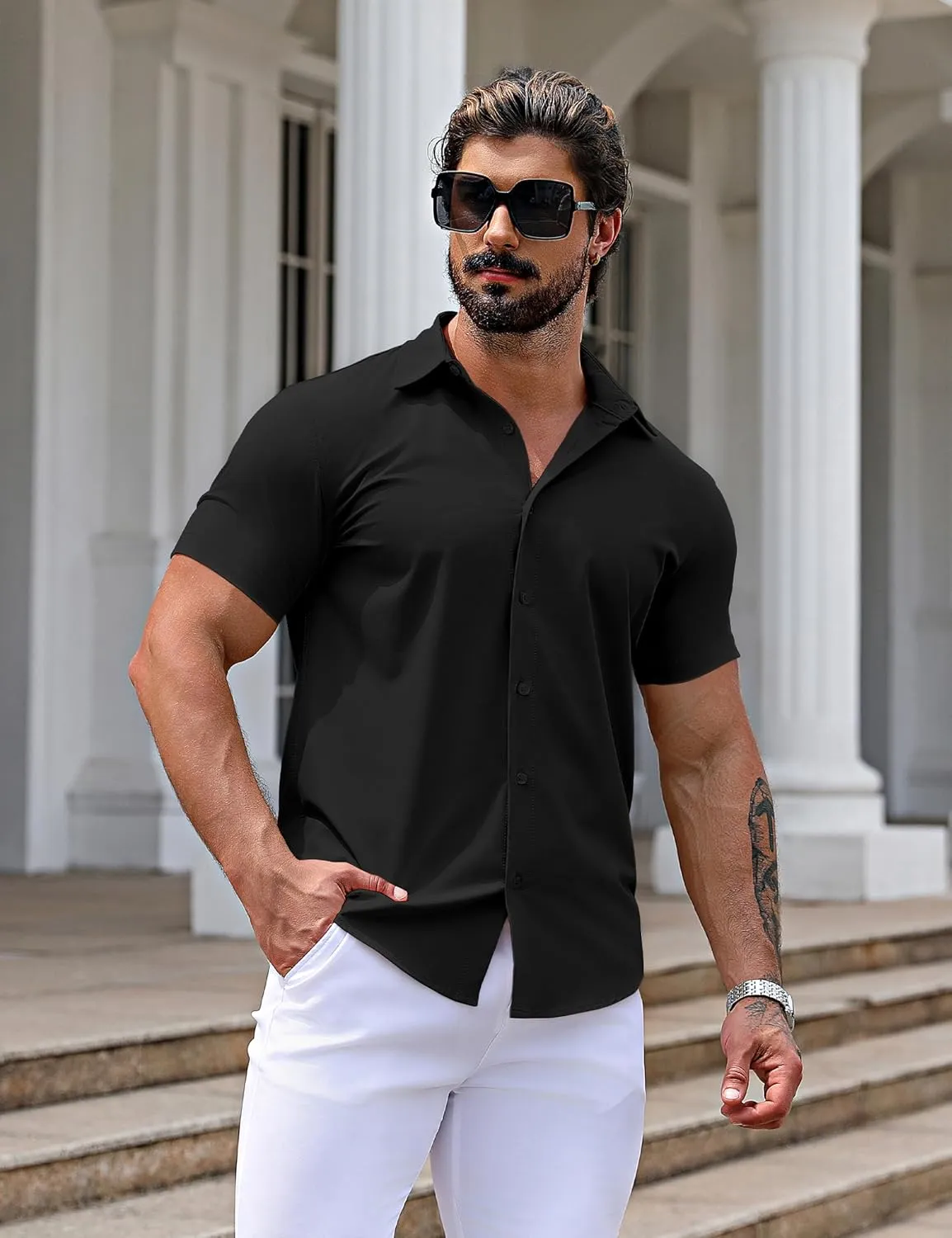 URRU Men's Muscle Dress Shirts Slim Fit Stretch Short Sleeve Casual Button Down Shirts for Men