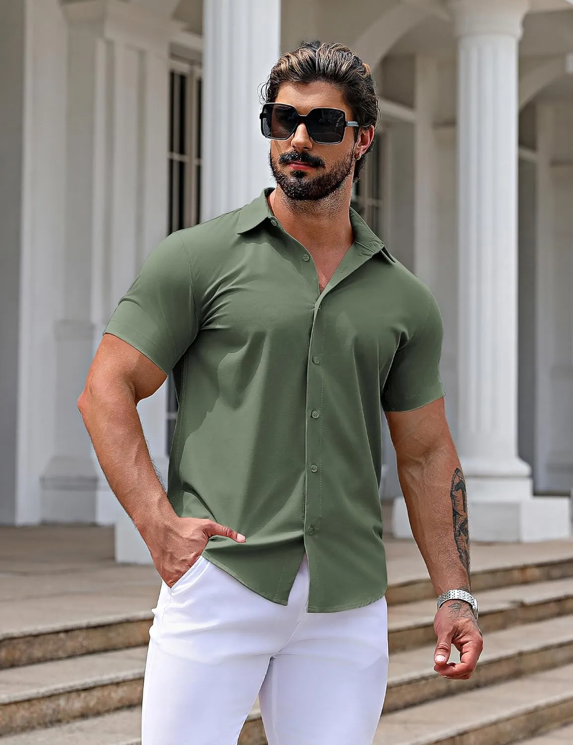 URRU Men's Muscle Dress Shirts Slim Fit Stretch Short Sleeve Casual Button Down Shirts for Men