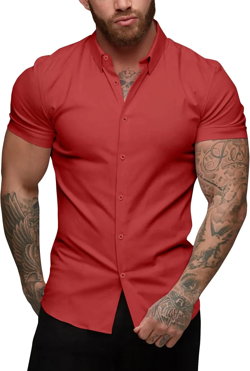 URRU Men's Muscle Dress Shirts Slim Fit Stretch Short Sleeve Casual Button Down Shirts for Men