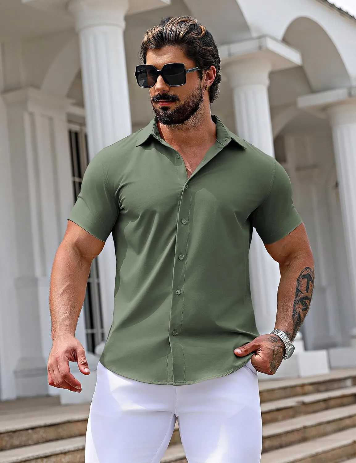 URRU Men's Muscle Dress Shirts Slim Fit Stretch Short Sleeve Casual Button Down Shirts for Men