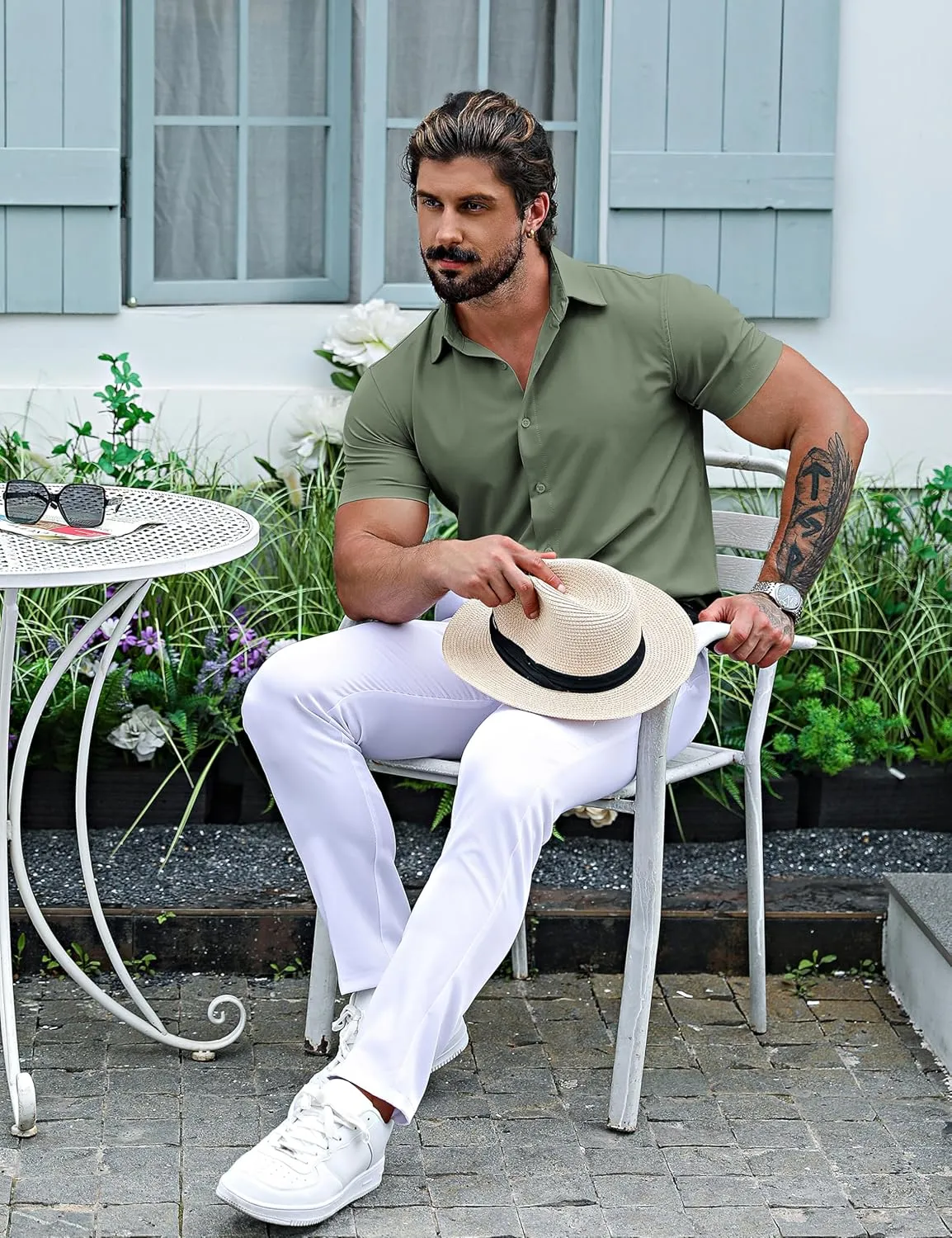 URRU Men's Muscle Dress Shirts Slim Fit Stretch Short Sleeve Casual Button Down Shirts for Men