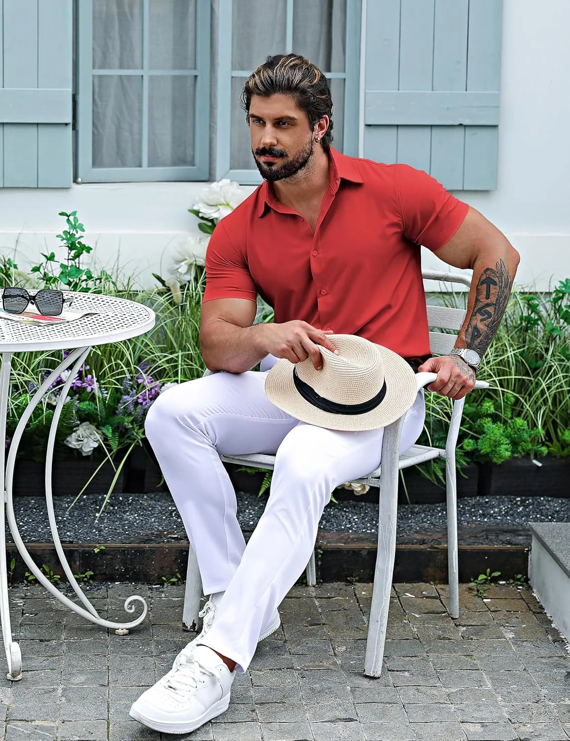URRU Men's Muscle Dress Shirts Slim Fit Stretch Short Sleeve Casual Button Down Shirts for Men