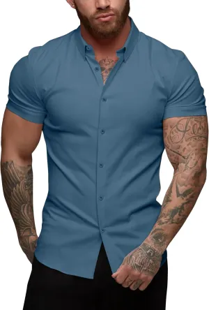 URRU Men's Muscle Dress Shirts Slim Fit Stretch Short Sleeve Casual Button Down Shirts for Men