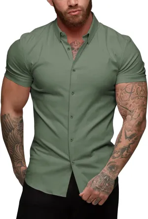 URRU Men's Muscle Dress Shirts Slim Fit Stretch Short Sleeve Casual Button Down Shirts for Men