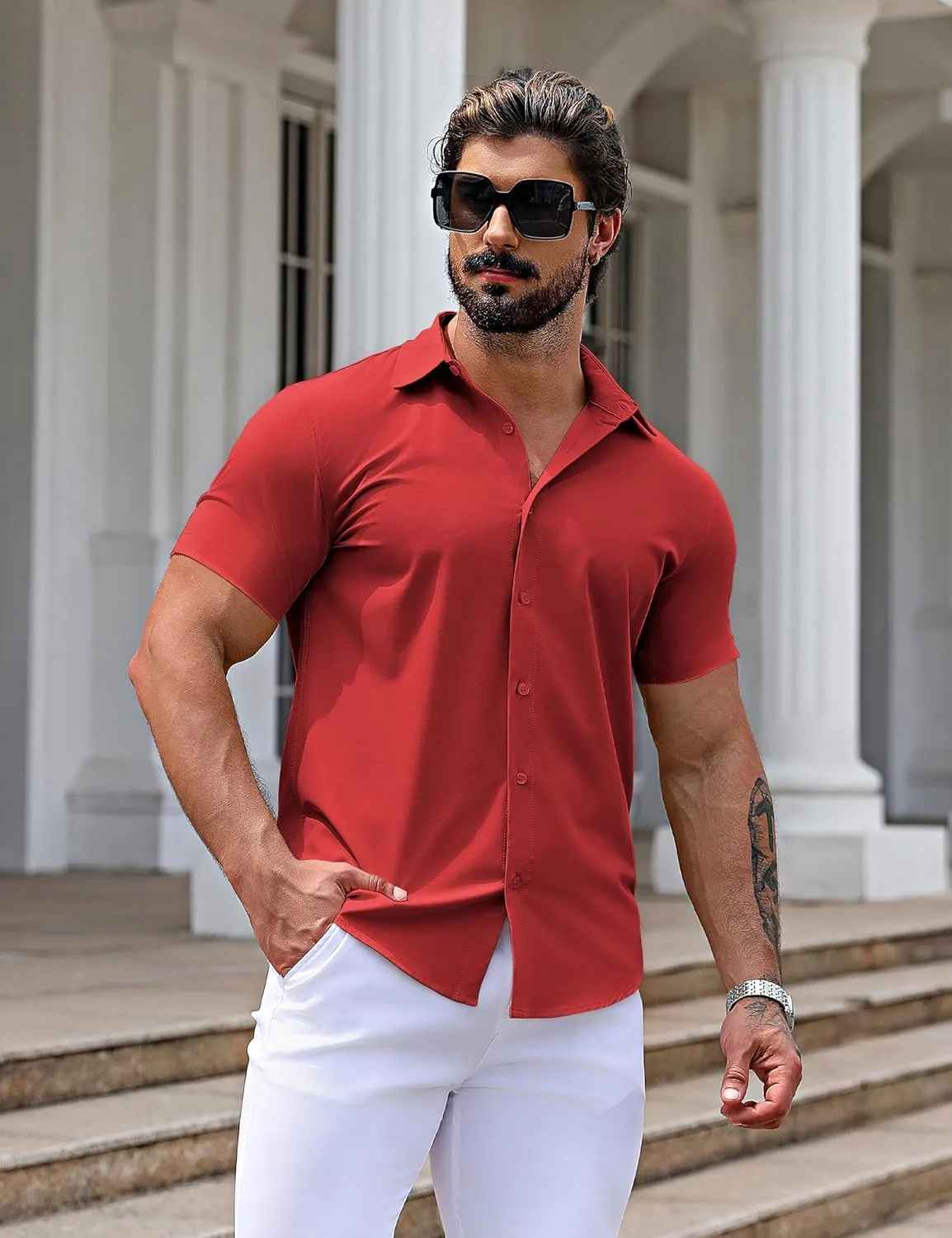 URRU Men's Muscle Dress Shirts Slim Fit Stretch Short Sleeve Casual Button Down Shirts for Men