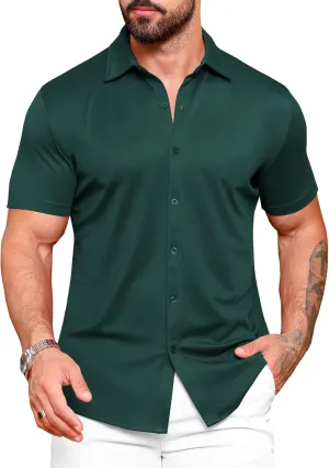 URRU Men's Muscle Dress Shirts Slim Fit Stretch Wrinkle Free Short Sleeve Casual Button Down Shirts
