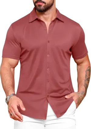 URRU Men's Muscle Dress Shirts Slim Fit Stretch Wrinkle Free Short Sleeve Casual Button Down Shirts