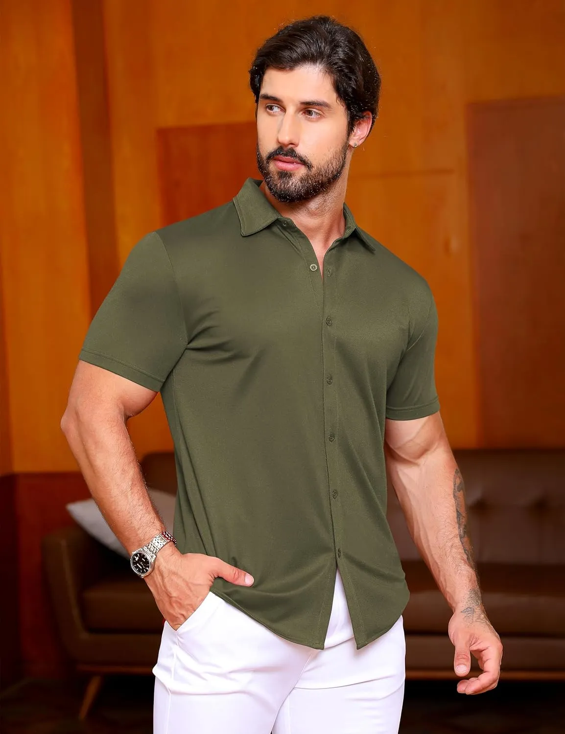 URRU Men's Muscle Dress Shirts Slim Fit Stretch Wrinkle Free Short Sleeve Casual Button Down Shirts