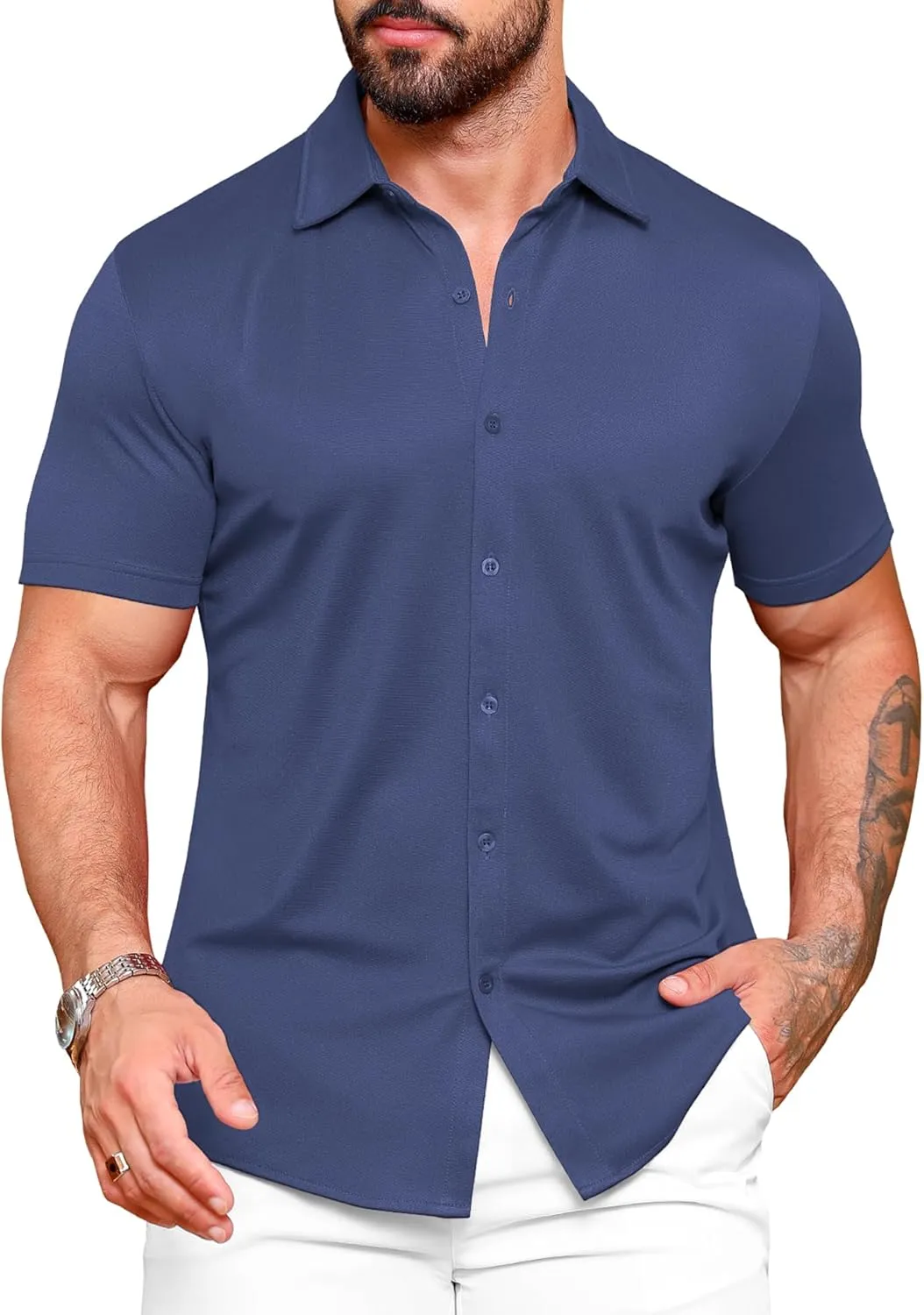 URRU Men's Muscle Dress Shirts Slim Fit Stretch Wrinkle Free Short Sleeve Casual Button Down Shirts