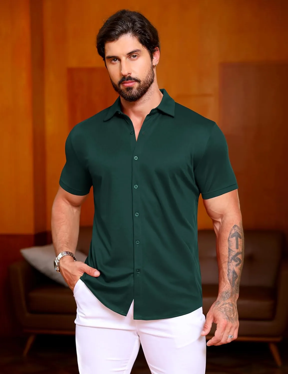 URRU Men's Muscle Dress Shirts Slim Fit Stretch Wrinkle Free Short Sleeve Casual Button Down Shirts