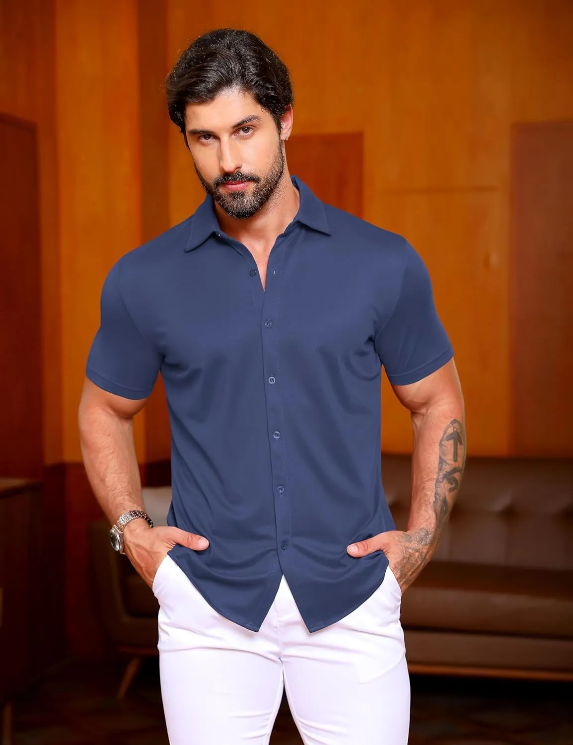 URRU Men's Muscle Dress Shirts Slim Fit Stretch Wrinkle Free Short Sleeve Casual Button Down Shirts