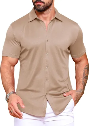 URRU Men's Muscle Dress Shirts Slim Fit Stretch Wrinkle Free Short Sleeve Casual Button Down Shirts