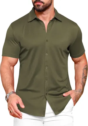 URRU Men's Muscle Dress Shirts Slim Fit Stretch Wrinkle Free Short Sleeve Casual Button Down Shirts