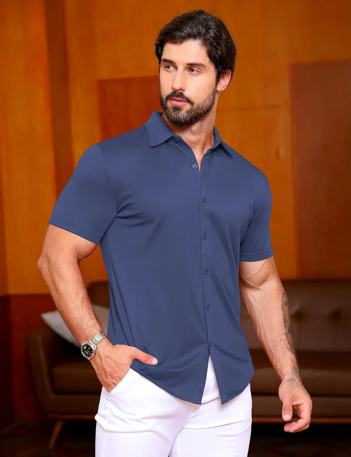 URRU Men's Muscle Dress Shirts Slim Fit Stretch Wrinkle Free Short Sleeve Casual Button Down Shirts