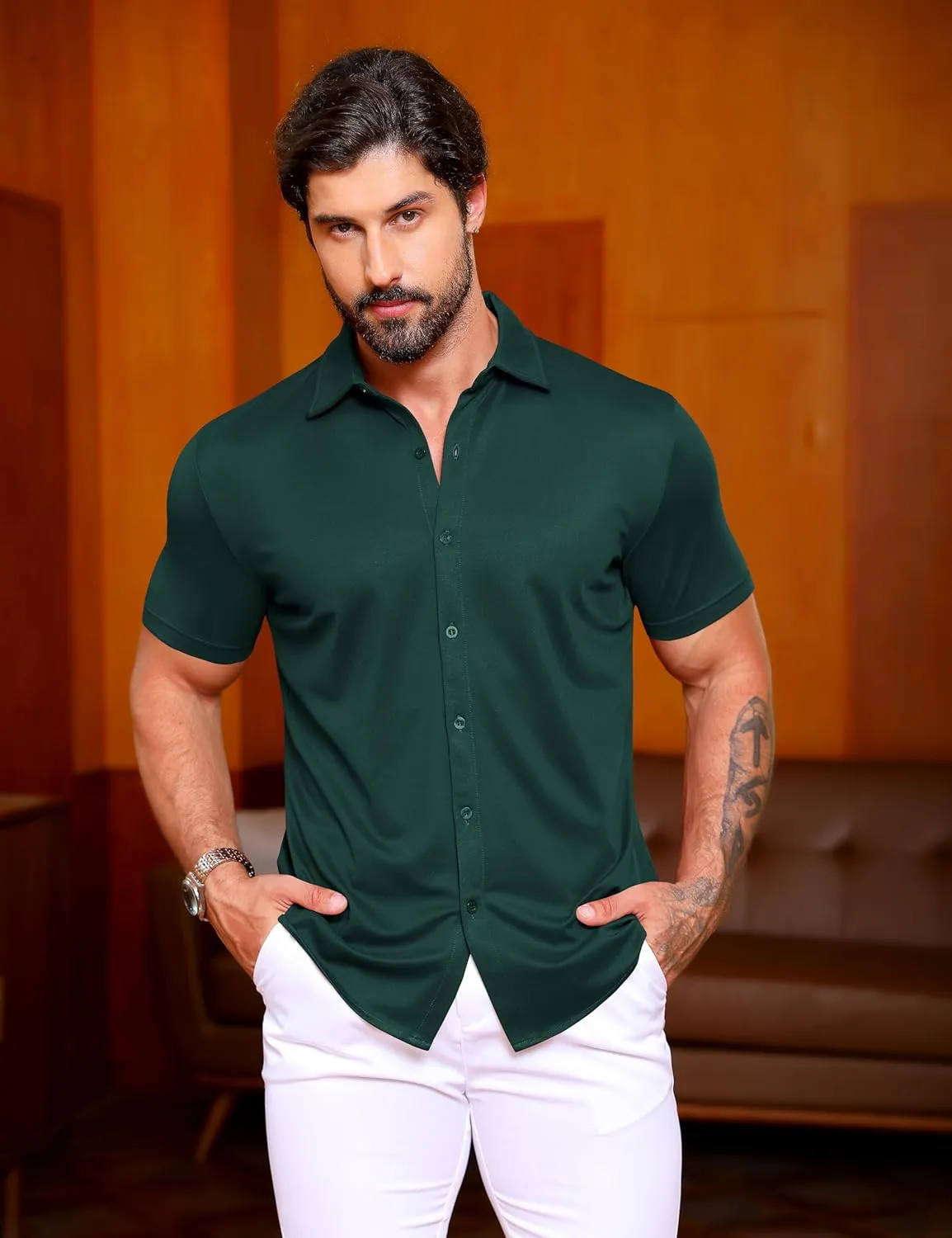 URRU Men's Muscle Dress Shirts Slim Fit Stretch Wrinkle Free Short Sleeve Casual Button Down Shirts