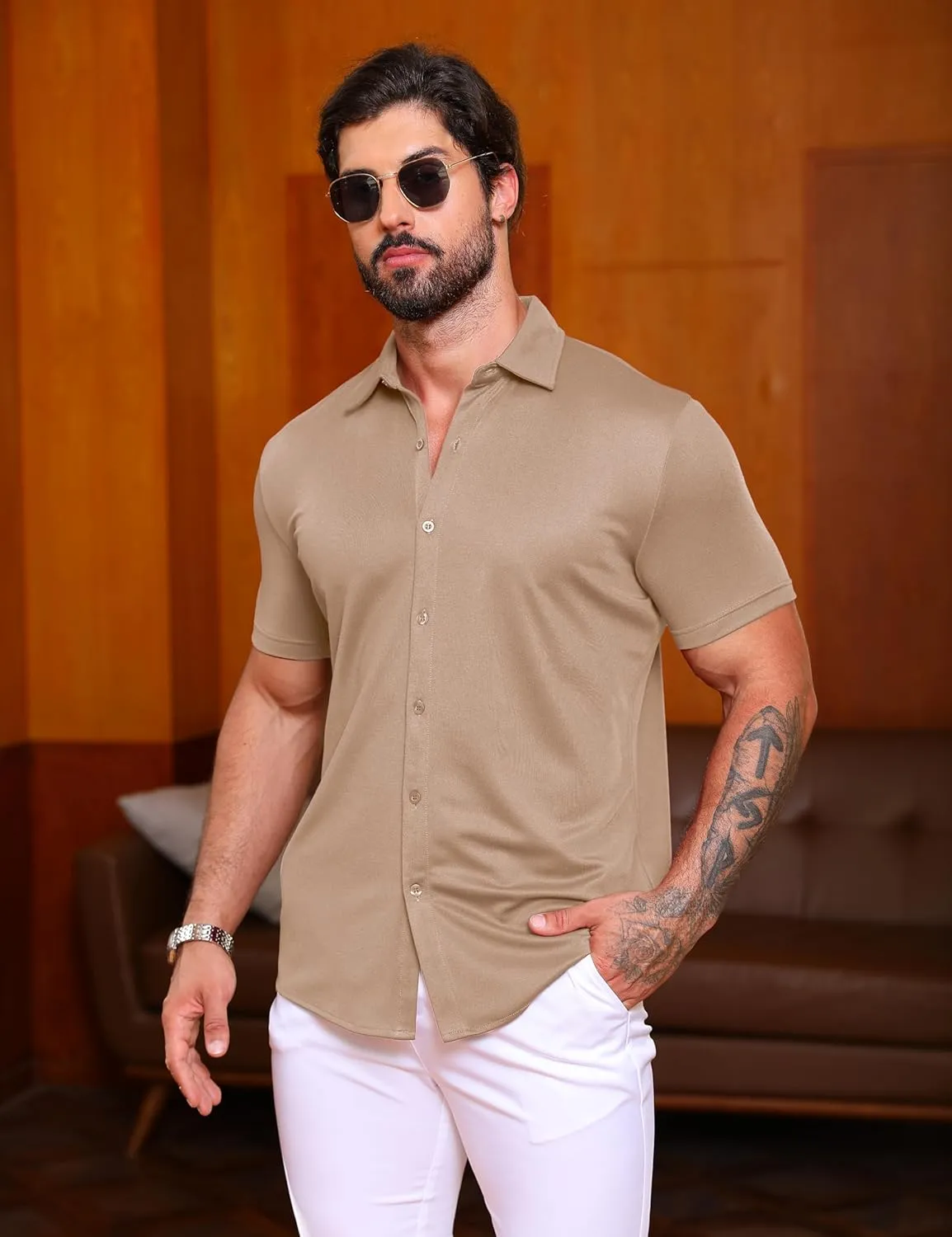 URRU Men's Muscle Dress Shirts Slim Fit Stretch Wrinkle Free Short Sleeve Casual Button Down Shirts