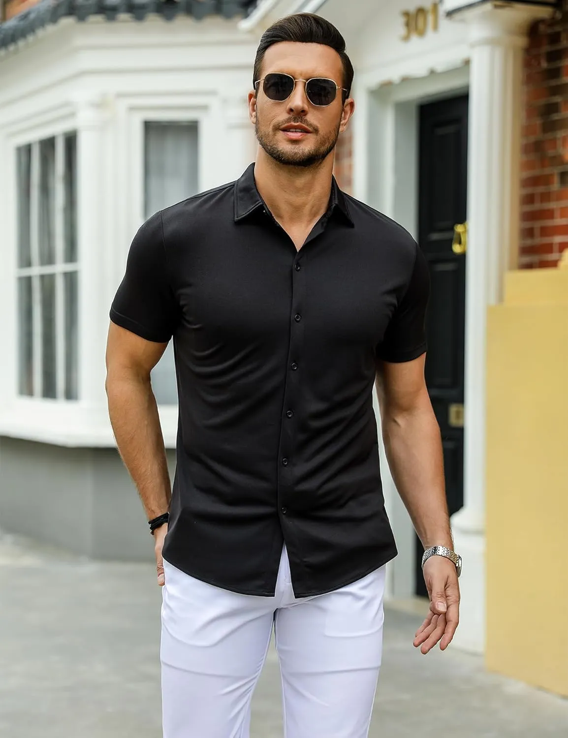 URRU Men's Muscle Dress Shirts Slim Fit Stretch Wrinkle Free Short Sleeve Casual Button Down Shirts