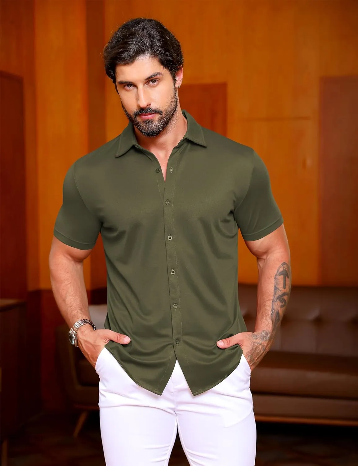 URRU Men's Muscle Dress Shirts Slim Fit Stretch Wrinkle Free Short Sleeve Casual Button Down Shirts