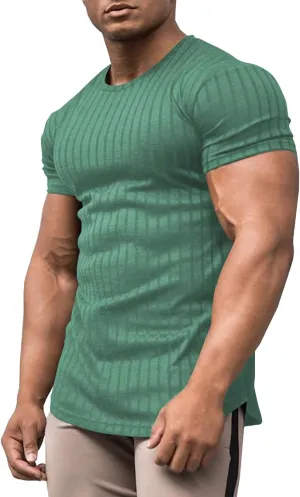 URRU Men's Muscle T Shirts Stretch Short Sleeve Bodybuilding Workout Casual Slim Fit Tee Shirts