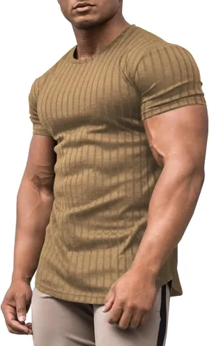 URRU Men's Muscle T Shirts Stretch Short Sleeve Bodybuilding Workout Casual Slim Fit Tee Shirts