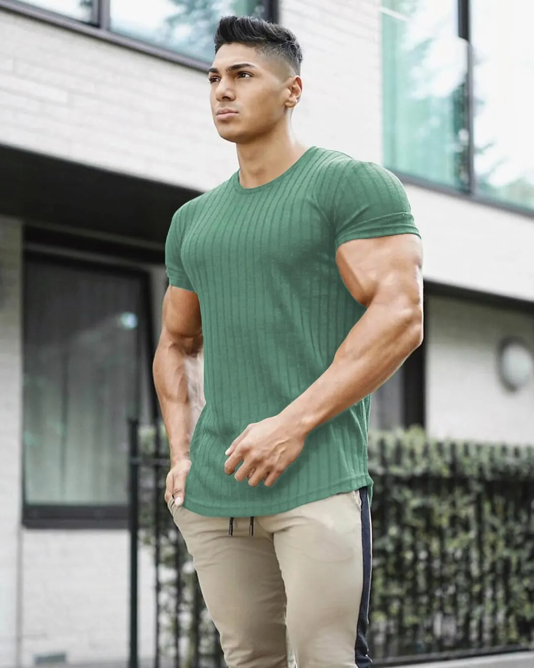 URRU Men's Muscle T Shirts Stretch Short Sleeve Bodybuilding Workout Casual Slim Fit Tee Shirts