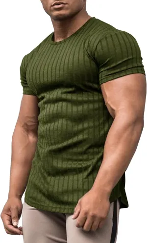 URRU Men's Muscle T Shirts Stretch Short Sleeve Bodybuilding Workout Casual Slim Fit Tee Shirts