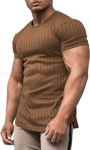 URRU Men's Muscle T Shirts Stretch Short Sleeve Bodybuilding Workout Casual Slim Fit Tee Shirts