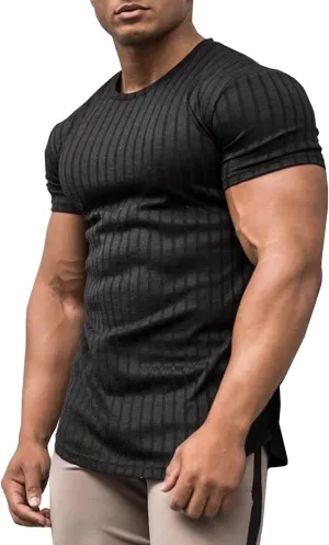 URRU Men's Muscle T Shirts Stretch Short Sleeve Bodybuilding Workout Casual Slim Fit Tee Shirts