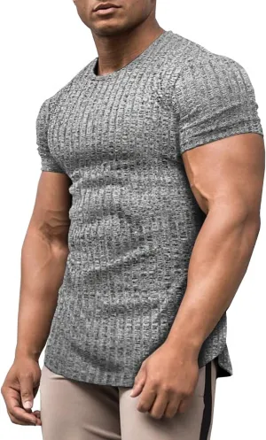 URRU Men's Muscle T Shirts Stretch Short Sleeve Bodybuilding Workout Casual Slim Fit Tee Shirts