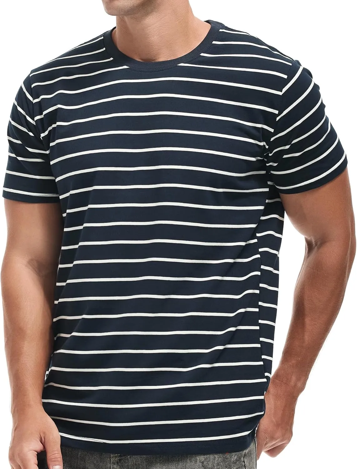 VEIISAR Men's Crewneck Striped T-Shirt Soft Elastic Cotton Tees
