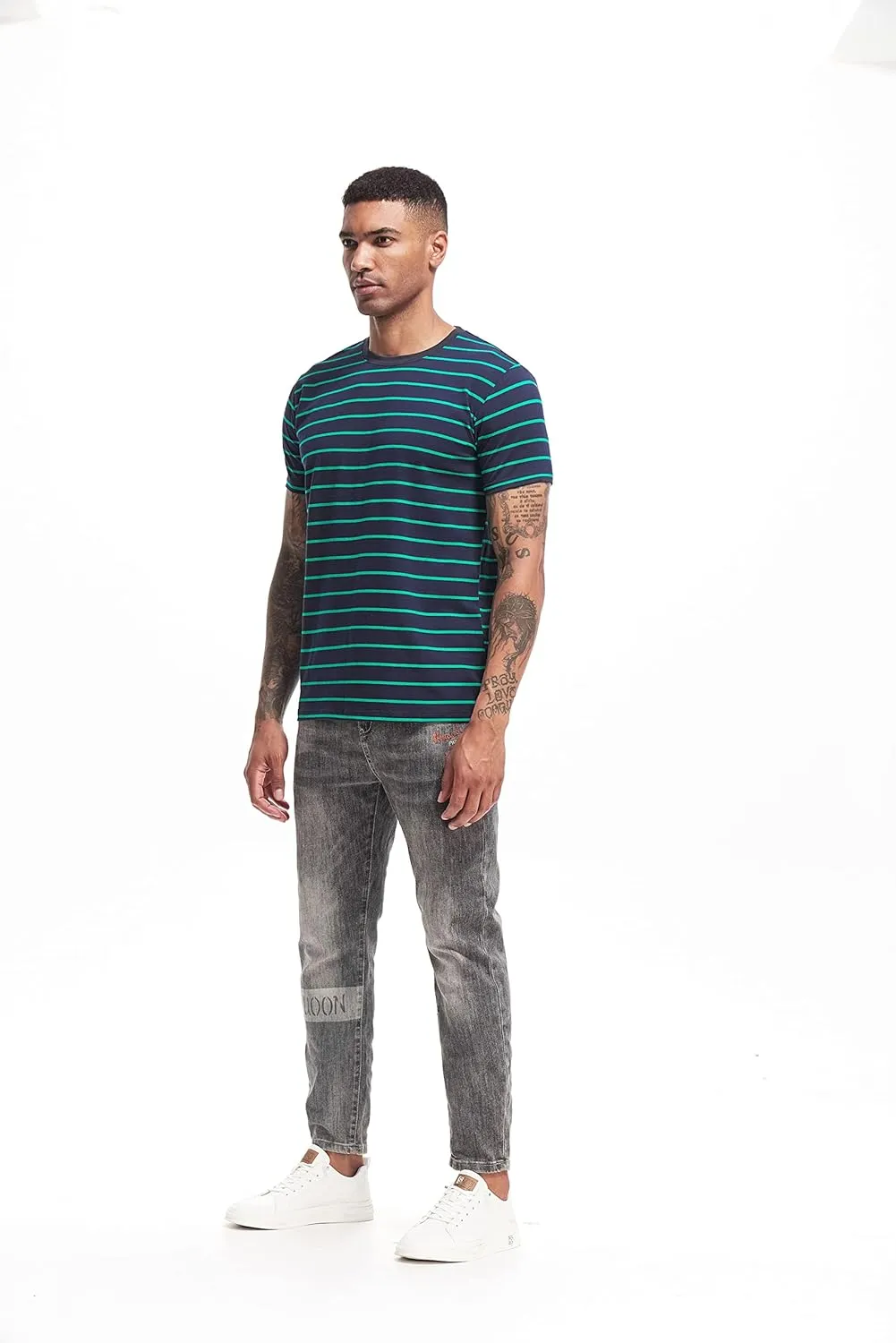 VEIISAR Men's Crewneck Striped T-Shirt Soft Elastic Cotton Tees