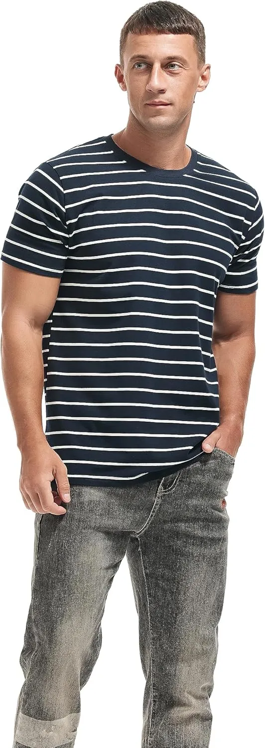 VEIISAR Men's Crewneck Striped T-Shirt Soft Elastic Cotton Tees