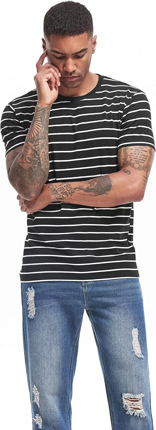 VEIISAR Men's Crewneck Striped T-Shirt Soft Elastic Cotton Tees